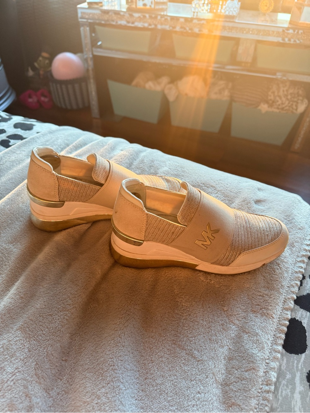 Michael Kors Beige Knit Slip-On Sneakers with Gold Accents